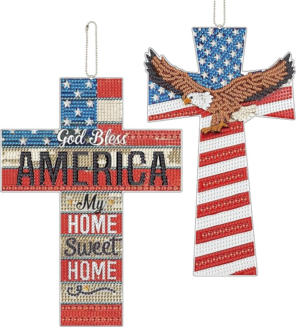 2 Pack Cross Diamond Painting Kits 5D DIY Diamond Painting Cross Special Shaped Diamond Art Kit Patriotic Flag Hanging Wall Home Decor with Tools for Adults
